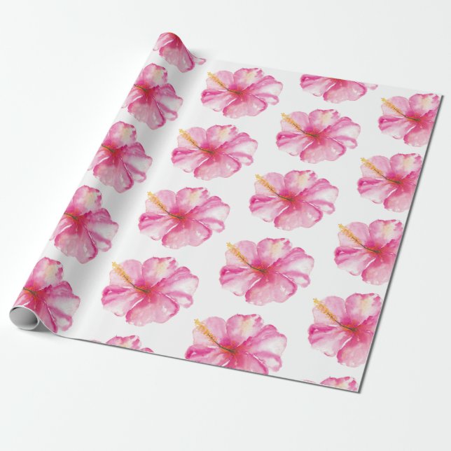 Rosa Vattenfärg Tropical Hibiscus Flower Presentpapper (Utrullad)
