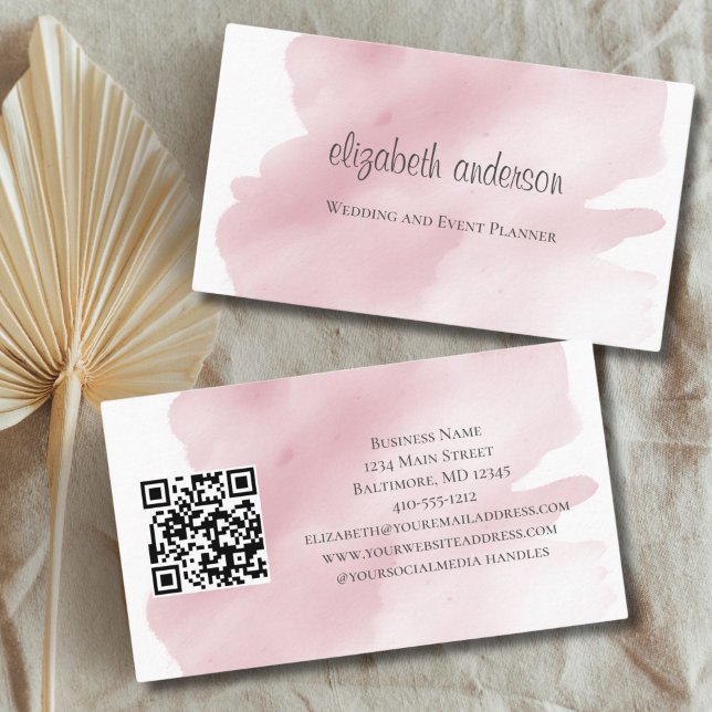 Rosa Vattenfärg Tvättar Stänk QR- kod Feminin Visitkort (Pink Watercolor Wash Splash Feminine Business card for her. Nails Hair, Event Planner)