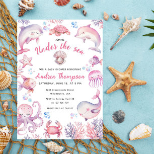 Rosa Vattenfärg under Sea Girl Baby Shower Inbjudningar