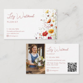 Rosa vattenfärg vildblomma script foto QR-kod Visitkort