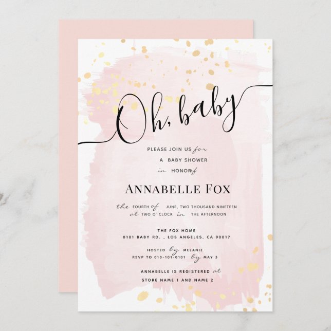  Rosa Vattenfärg x Guld-plattor Babykläder Inbjudningar (Fram/baksida)