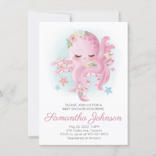 Rosa Vattenfärgad Blommigt Octopus Baby Shower Inbjudningar
