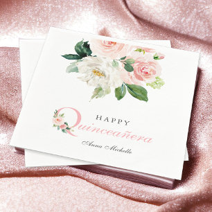 Rosa Vattenfärgad Blommigt Quinceañera Birthday Pappersservett