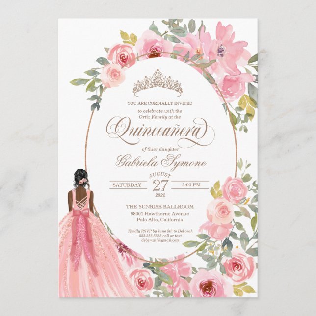  Rosa Vattenfärgad Blommigt Quinceanera Inbjudningar (Framsida)