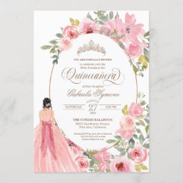  Rosa Vattenfärgad Blommigt Quinceanera Inbjudningar