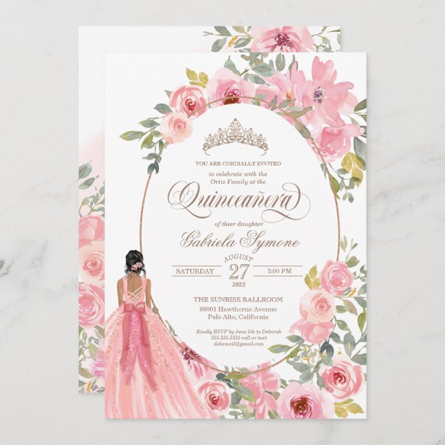  Rosa Vattenfärgad Blommigt Quinceanera Inbjudningar (Fram/baksida)
