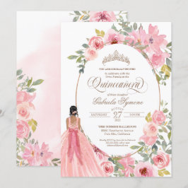  Rosa Vattenfärgad Blommigt Quinceanera Inbjudningar
