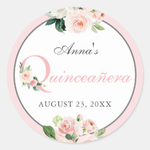 Rosa Vattenfärgad Blommigt Quinceanera Runt Klistermärke