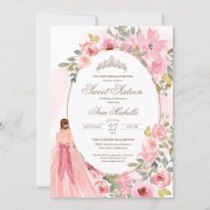 Rosa Vattenfärgad Blommigt Söt 16 Birthday Inv Inbjudningar