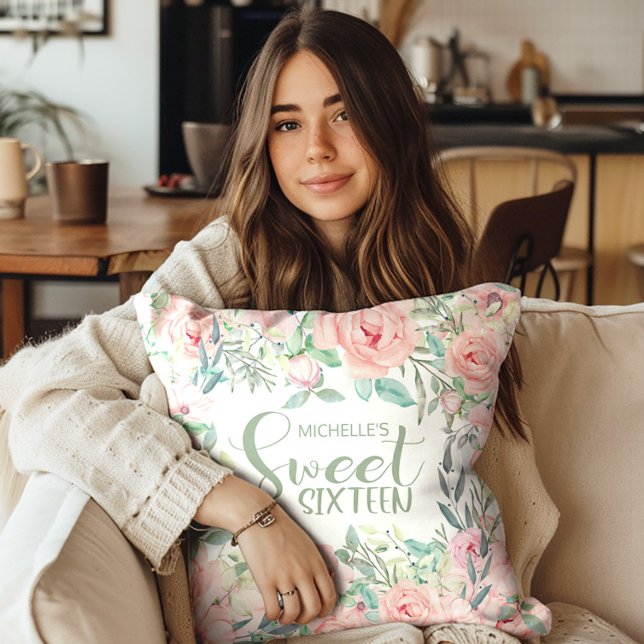  Rosa Vattenfärgad Blommigt Söt 16 Kudde (Blush pink watercolor floral Sweet 16 pillow)
