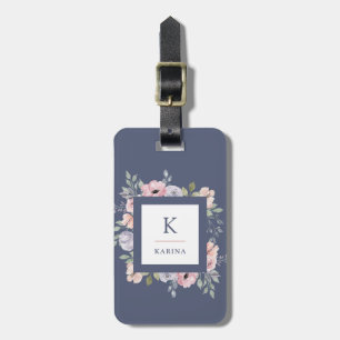 Rosa vattenfärgblommigt och Monogram på mörk - Bagagebricka