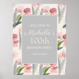 Rosa Vattenfärgblommor 100:e födelsedagen Kvinnor Poster