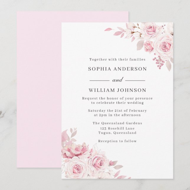  Rosa Vattenfärgblommor Alla säsonger Bröllop Inbjudningar (Fram/baksida)