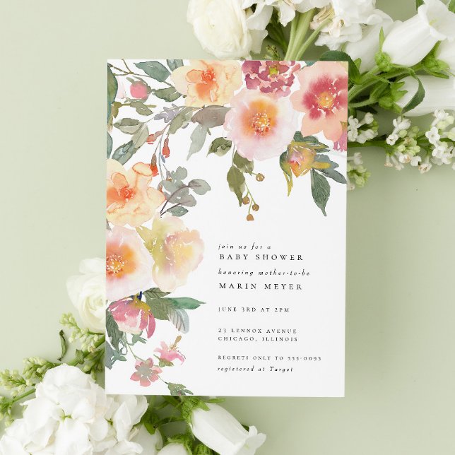  Rosa Vattenfärgblommor Blommor Babyskor Inbjudningar (Skapare uppladdad)