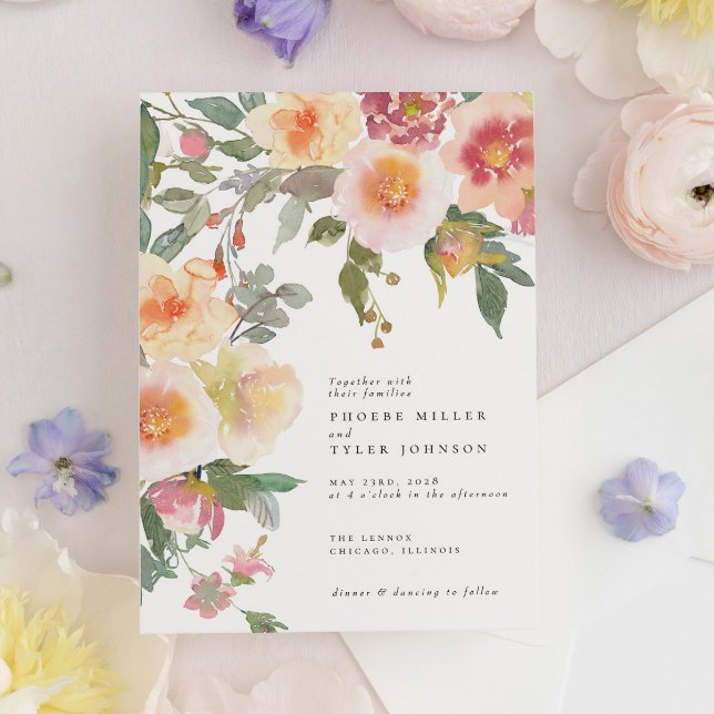  Rosa Vattenfärgblommor Blommor Bröllop Inbjudningar (Skapare uppladdad)