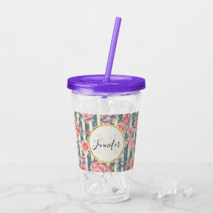Rosa vattenfärgblommor på randiga monogram take away mugg