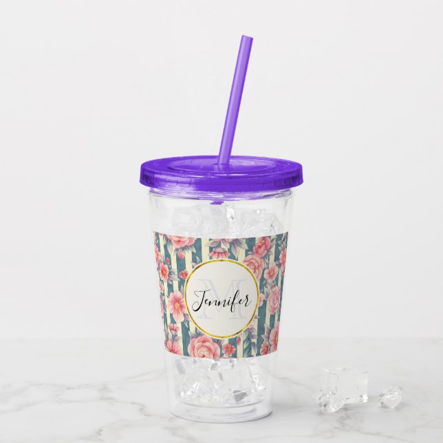 Rosa vattenfärgblommor på randiga monogram take away mugg (Baksida Ice)