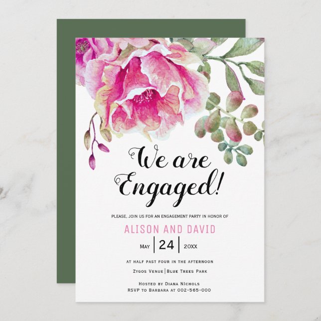 Rosa vattenfärgen blommigt bröllop förlovningsfest inbjudningar (Fram/baksida)