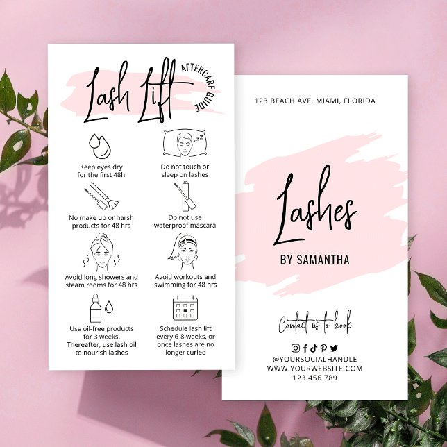  Rosa Vattenfärgen Lash Hiss & Tint Aftercare Visitkort (Fully editable lash lift and tint care cards with customizable watercolor background and care icons)