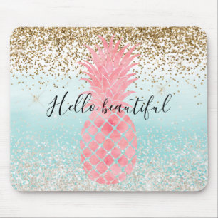 Rosa Vattenfärgen Tropiskt ananas Aqua Ombre guld Musmatta