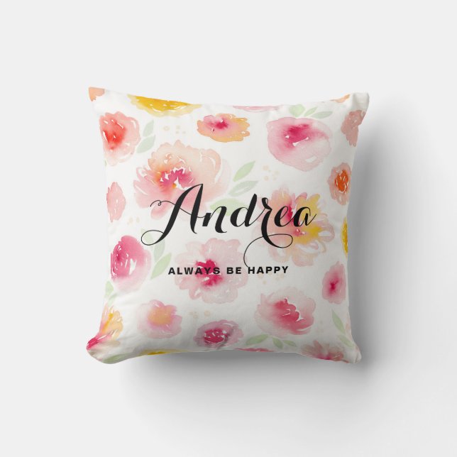 Rosa Vattenfärgens Blommönster Personlig Pillow Kudde (Framsida)