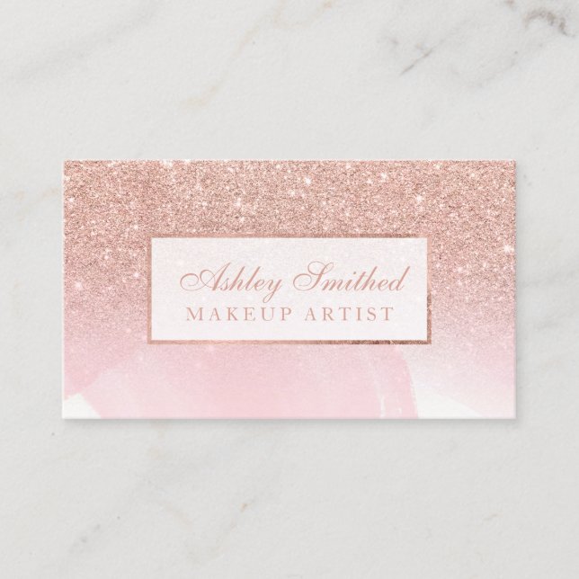 Rosa vattenfärgmakeup för modernt rosa guld- visitkort (Framsida)