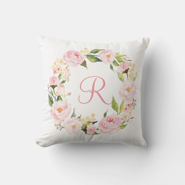 Rosa Vattenfärgning Blommigt Utandning Monogram Utomhuskudde (Framsida)