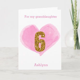 Rosa Vattenfärgning Heart Guld Glitter 6e födelsed Kort