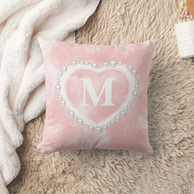  Rosa Vattenfärgning Pearl Heart Monogram Kudde (Filt)