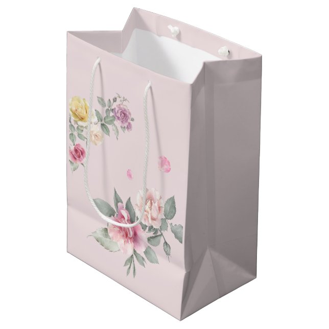 Rosa Vattenfärgros Blommig Presentpåse (Framsidan Vinklad)