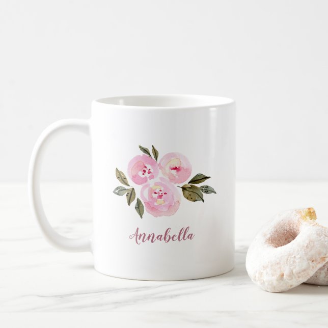 Rosa vattenfärgrosor med namnpresent kaffemugg (Med munk)