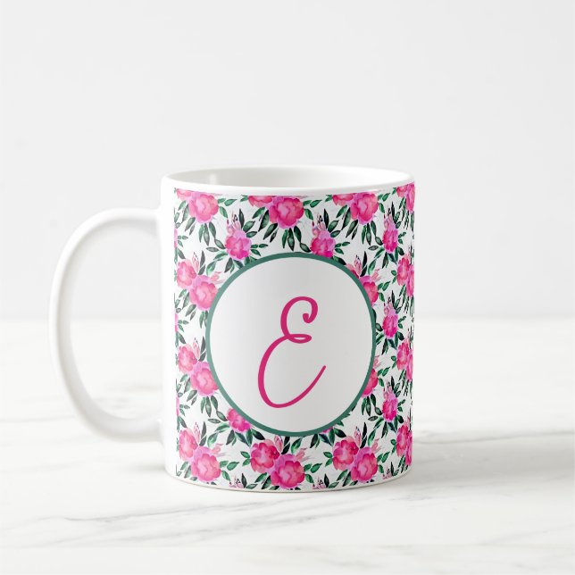 Rosa vattenfärgrosor mönster monogram kaffemugg (Vänster)