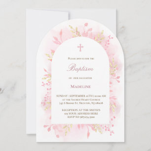 rosa vattenfärgsblad Baptism Inbjudningar