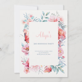 Rosa vattenfärgsblomma Flick kalas Inbjudningar