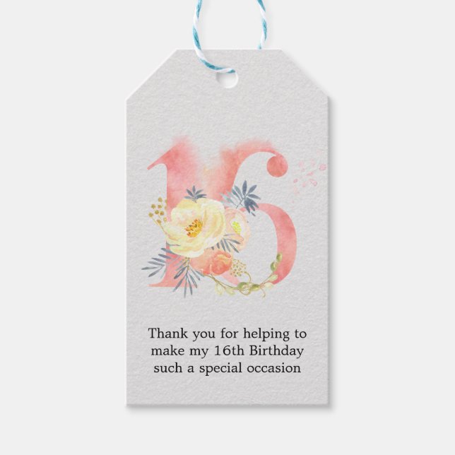  Rosa Vattenfärgsblomma nummer 16 Tack Presentetikett (Framsidan)