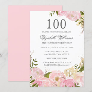 Rosa  vattenfärgsBlommigt 100:e födelsedagen i Inb Inbjudningar
