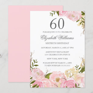 Rosa  vattenfärgsBlommigt 60:e födelsedagen Inbjud Inbjudningar