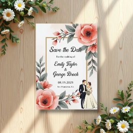 Rosa VattenfärgsBlommigt Bride Groom Bröllop Spara Datumet