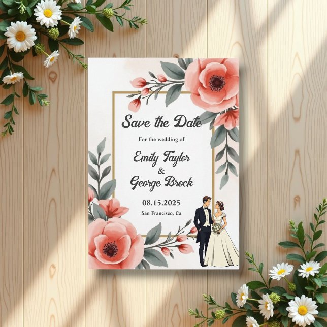  Rosa VattenfärgsBlommigt Bride Groom Bröllop Spara Datumet (Skapare uppladdad)