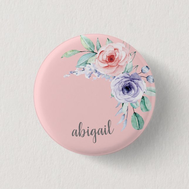  Rosa VattenfärgsBlommigt Monogram Namn Knapp (Framsida)