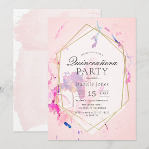  Rosa VattenfärgsBlommigt Quinceañera Inbjudningar