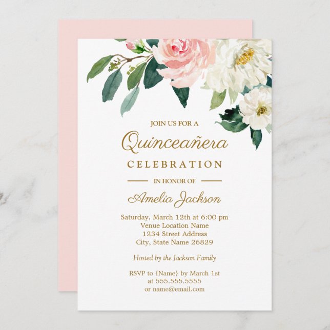 Rosa  vattenfärgsBlommigt Quinceanera Inbjudningar (Fram/baksida)