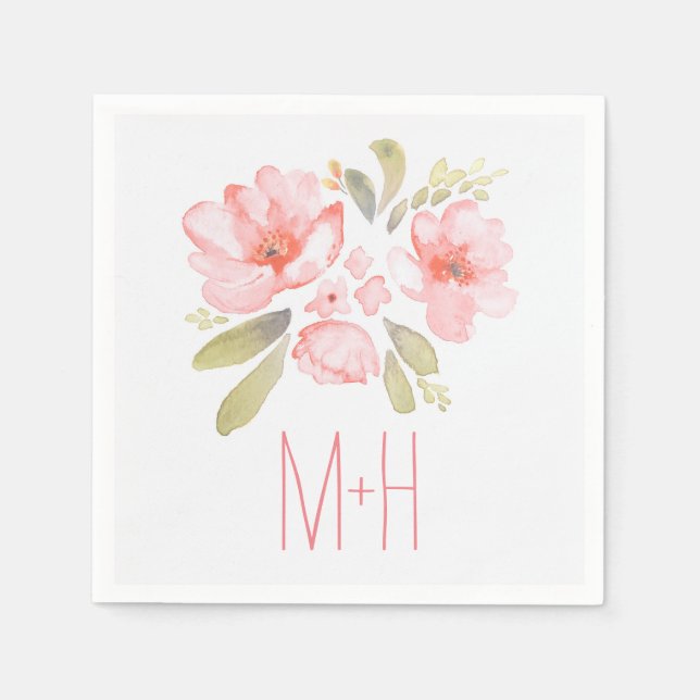 rosa vattenfärgsblommor bouquet bröllop pappersservett (Framsidan)