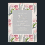 Rosa Vattenfärgsblommor Flower Tulips 21:a födels Inbjudningar<br><div class="desc">Vacker och elegant har mjukt muterat blommor/tulpaner i  rosa på en gräddaktig färgad och grått 21:a födelsedag för kvinnor.</div>