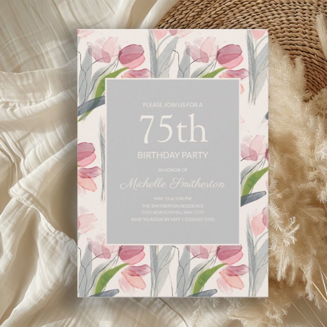  Rosa Vattenfärgsblommor Flower Tulips 75:e Birthd Inbjudningar (Elegant pink tulips watercolor floral 75th birthday party invitation)
