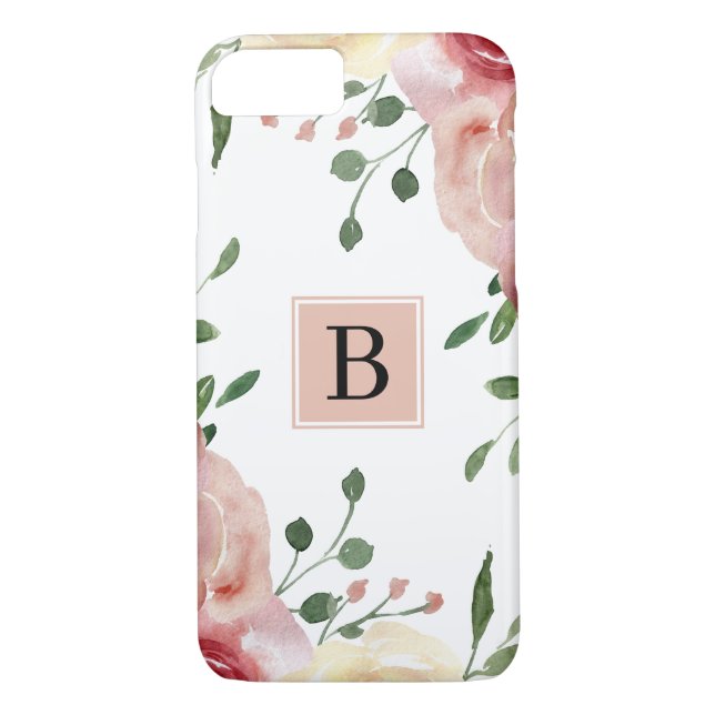 Rosa vattenfärgsblommor med enkelt Monogram Case-Mate iPhone Skal (Baksida)