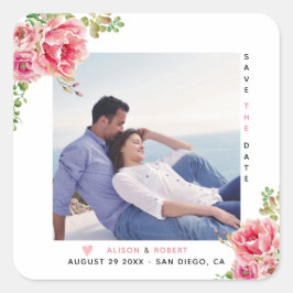 Rosa vattenfärgsblommor, Sage grönt löv, foto Fyrkantigt Klistermärke