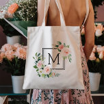 Rosa - vattenfärgsBloom Monogram Tygkasse<br><div class="desc">Denna monogram till säcken har färgade vattenblommor i  rosa,  vit och grönt blad med kvadratiskt ramar. Om du vill ha en mer avancerad anpassning av den här designen klickar du på knappen Anpassa.</div>
