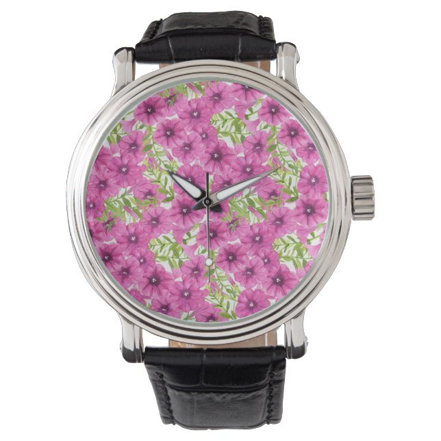 Rosa vattenfärgsblunia, mönster armbandsur (Framsida)