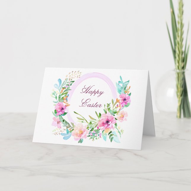 Rosa vattenfärgscirkel blommigt ram anpassningsbar helgkort (Framsida)